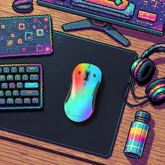colorful RGB gaming mouse on desk with keyboard, headset, and pixel art accessories