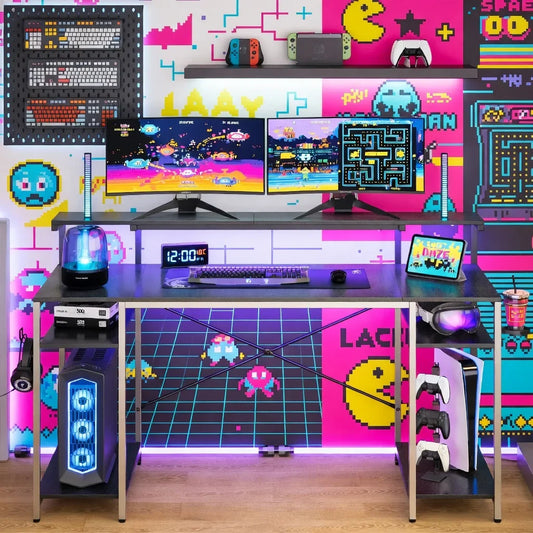 Retro 8-bit gaming desk setup with dual monitors, RGB PC, controllers, and pixel art wall.