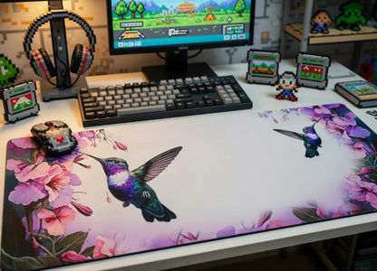 Gaming desk setup with 8-bit pixel art mouse, mechanical keyboard, and hummingbird floral mousepad.