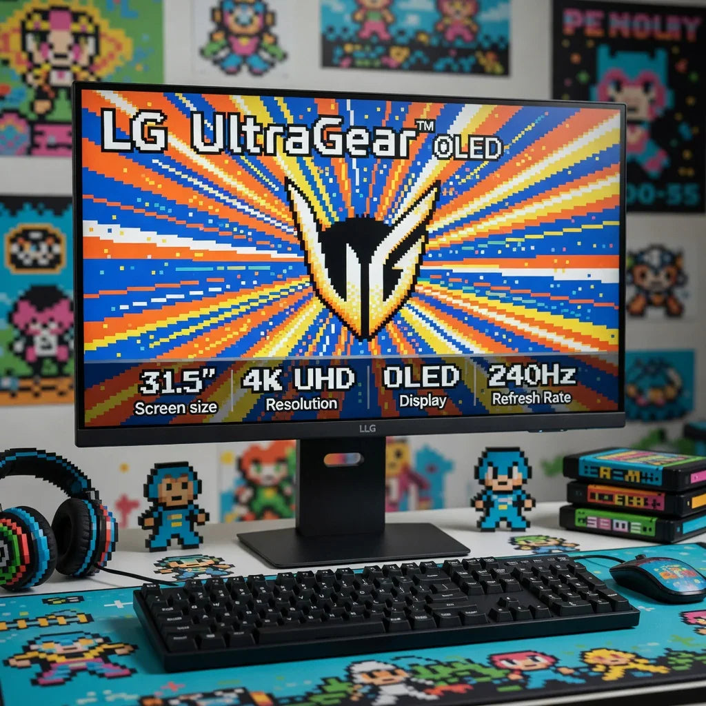 LG UltraGear OLED gaming monitor with 8-bit pixel art decor and retro gaming accessories