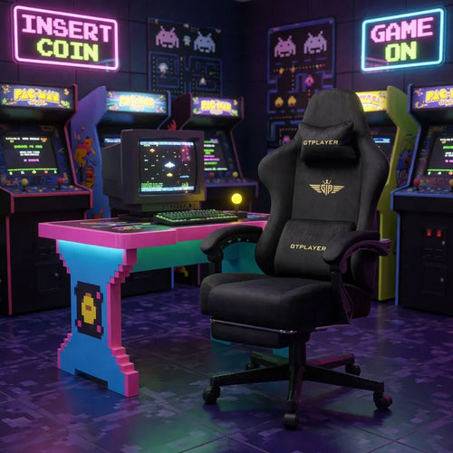 GTPLAYER gaming chair at retro arcade desk with Pac-Man machines, neon signs, and 8-bit decor