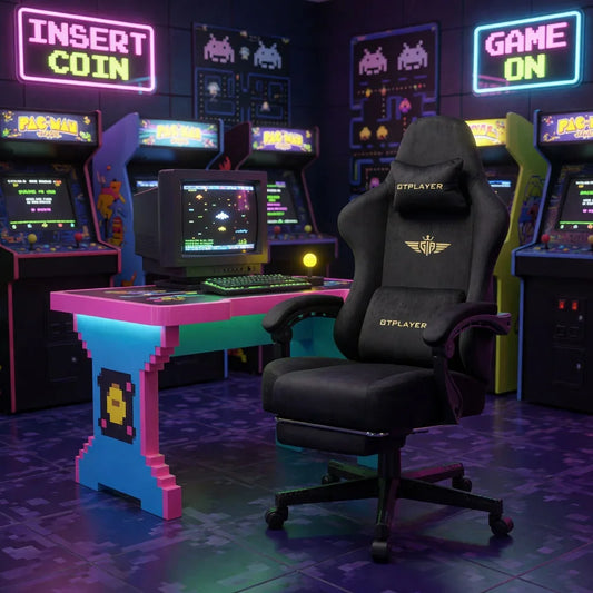 GTPLAYER gaming chair at retro arcade desk with Pac-Man machines, neon signs, and 8-bit decor