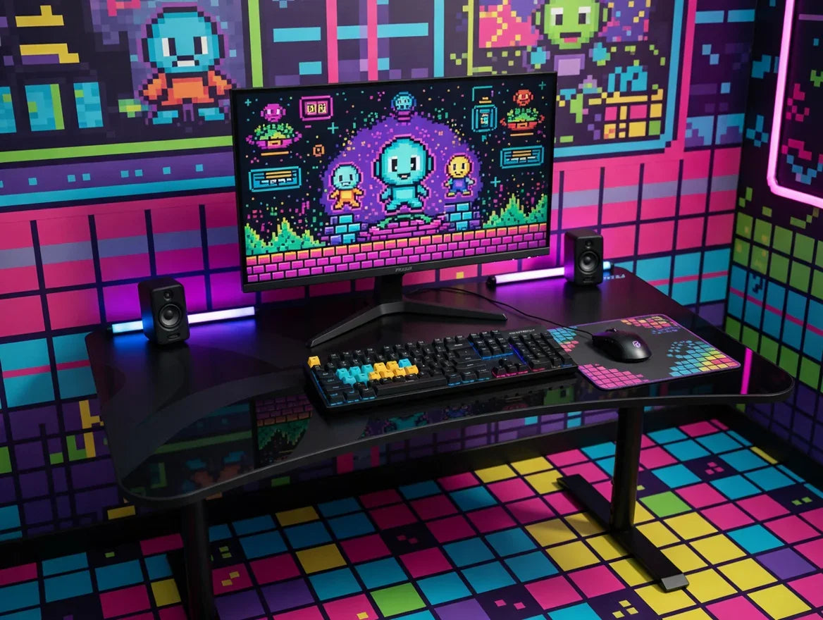 Retro 8-bit gaming setup with colorful keyboard, mouse, and pixel art wallpaper