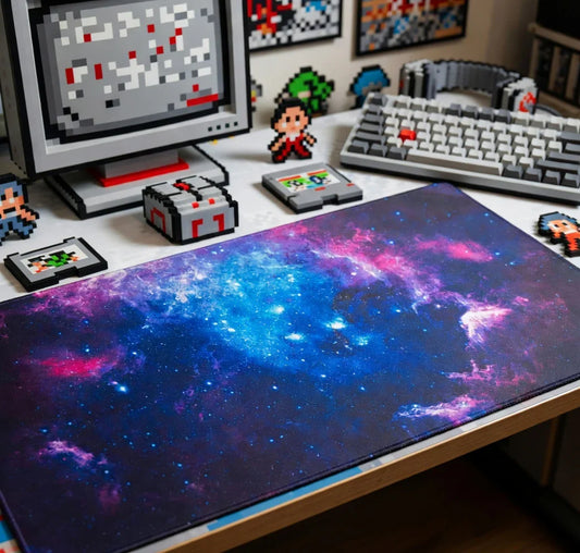 Large galaxy print gaming mouse pad on retro desk with 8-bit decor, keyboard, monitor