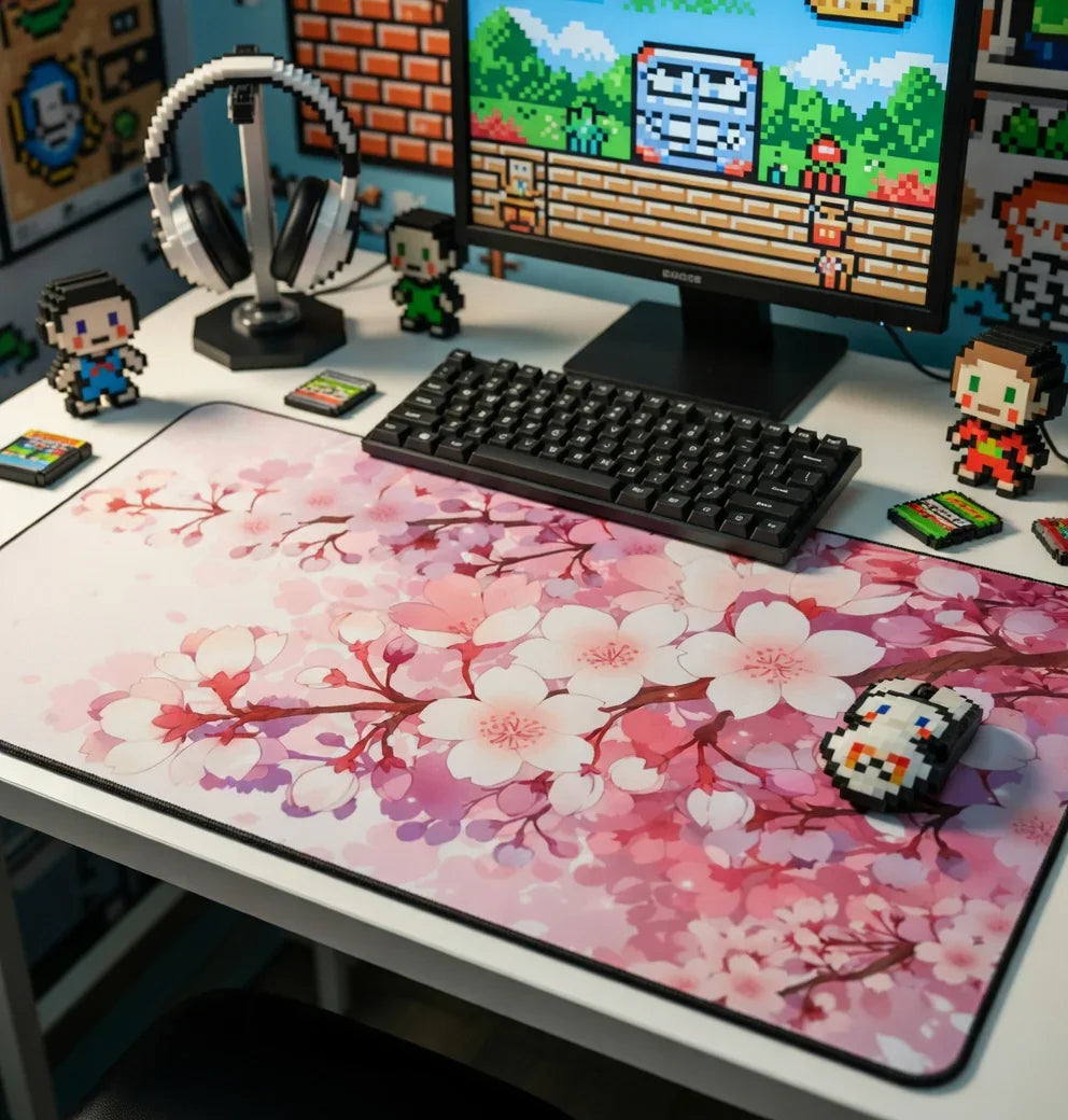 Cherry blossom desk mat on a gaming setup with retro 8-bit decor and keyboard