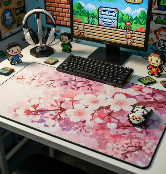 Cherry blossom desk mat on a gaming setup with retro 8-bit decor and keyboard