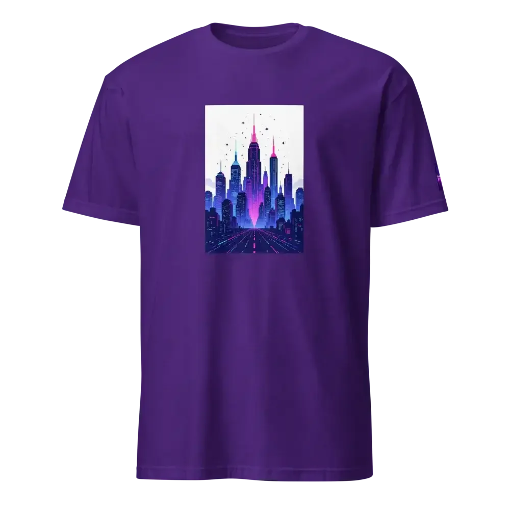 Purple t-shirt featuring neon cityscape graphic with skyscrapers and starry sky