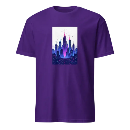 Purple t-shirt featuring neon cityscape graphic with skyscrapers and starry sky