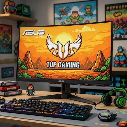 Gaming desk setup with ASUS monitor, RGB keyboard, 8-bit style mouse, and retro pixel art decor