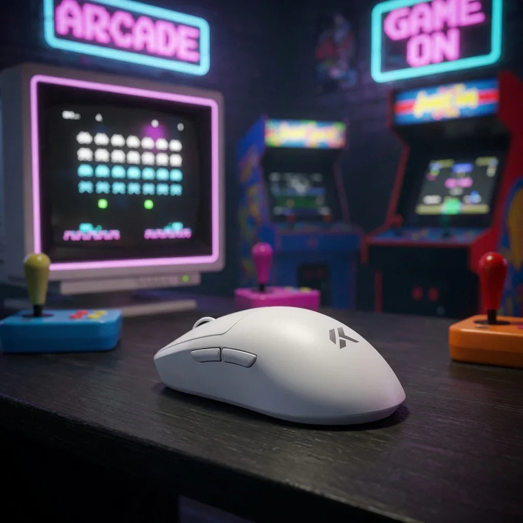 White gaming mouse on desk with retro arcade joysticks and neon 'ARCADE' sign, perfect for retro gaming setups