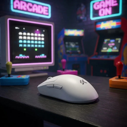 White gaming mouse on desk with retro arcade joysticks and neon 'ARCADE' sign, perfect for retro gaming setups
