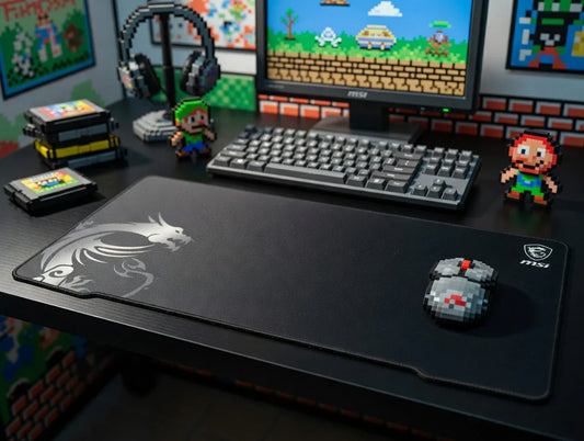 Retro gaming desk setup with 8-bit keyboard, pixel mouse, large mouse pad, and game cartridges