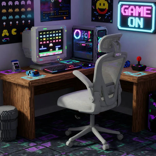 Retro 8-bit gaming setup with ergonomic chair, RGB keyboard, CRT monitor, and neon 'GAME ON' sign