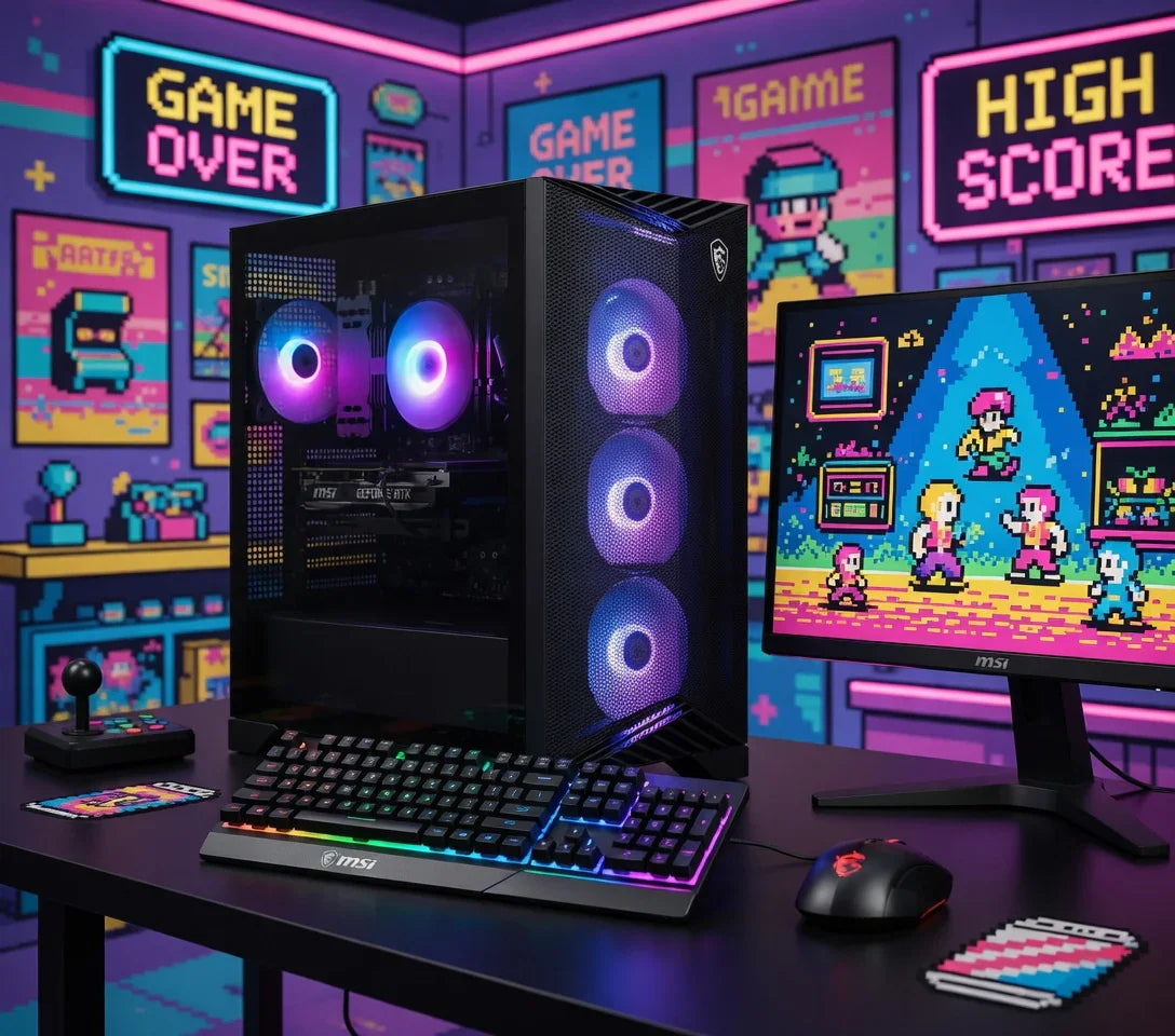 Retro gaming setup with RGB PC, mechanical keyboard, mouse, joystick, and pixel art decor