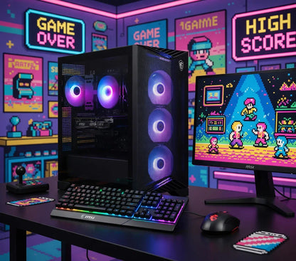 Retro gaming setup with RGB PC, mechanical keyboard, mouse, joystick, and pixel art decor
