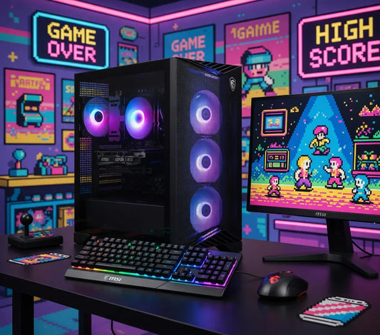 Retro gaming setup with RGB PC, mechanical keyboard, mouse, joystick, and pixel art decor