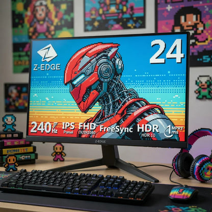 Gaming desk setup with Z-EDGE monitor displaying 8-bit robot, mechanical keyboard, and pixel art decor.