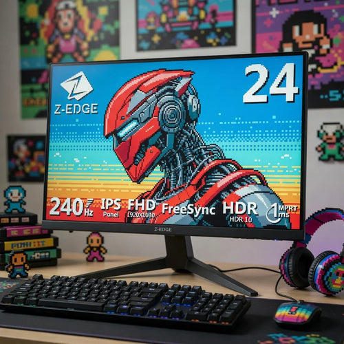 Gaming desk setup with Z-EDGE monitor displaying 8-bit robot, mechanical keyboard, and pixel art decor.