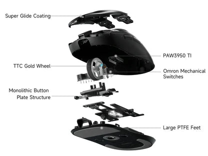 Gaming mouse exploded view showing PAW3950 TI sensor, Omron switches, TTC Gold Wheel, and PTFE feet for smooth glide