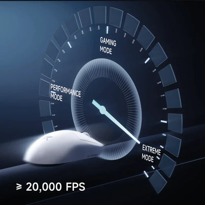 White gaming mouse with 20,000 FPS performance, shown with gaming mode speedometer graphic