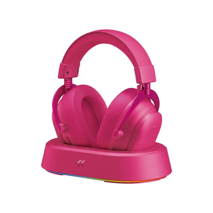 Vibrant pink gaming headset with RGB charging dock, perfect for retro 8-bit style setups