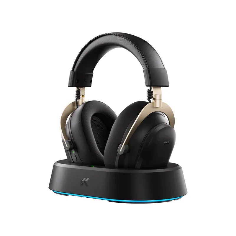Wireless gaming headset with gold accents on charging dock, blue LED glow