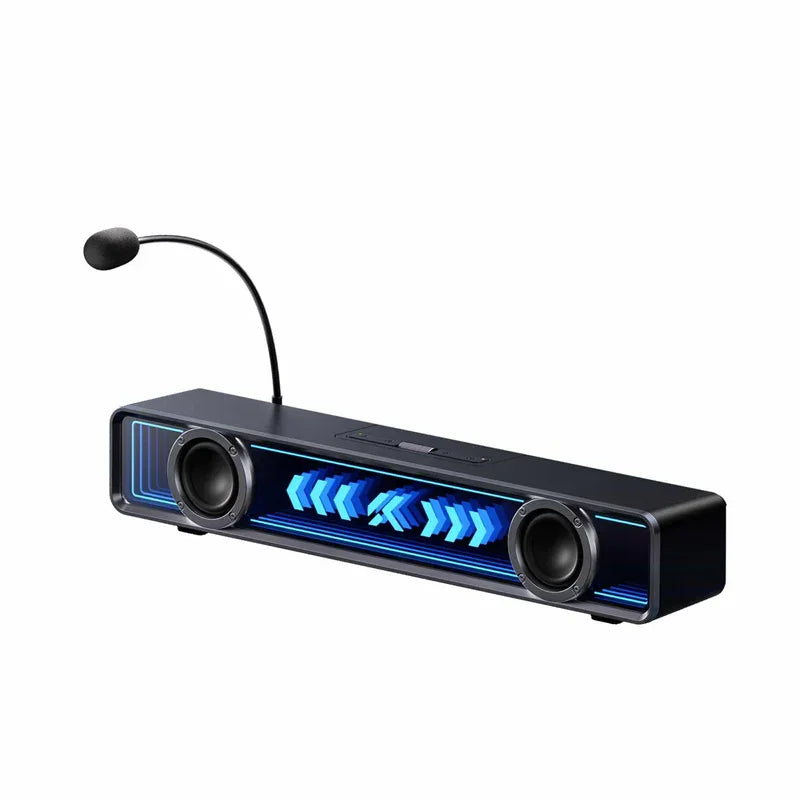 Gaming soundbar with blue LED lights and built-in mic for PC setup