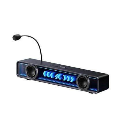 Gaming soundbar with blue LED lights and built-in mic for PC setup