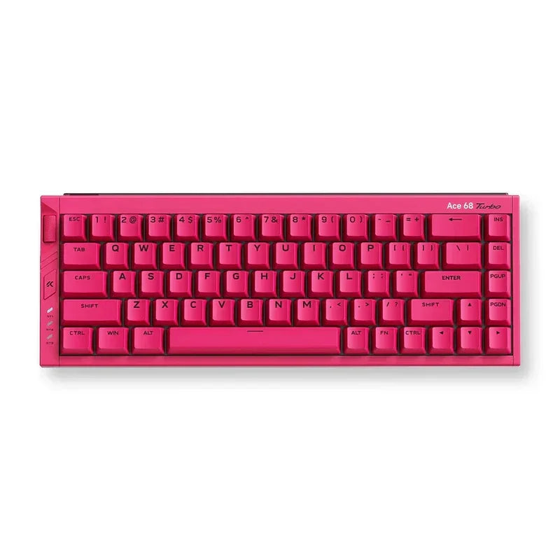 Bright pink Ace 68 Turbo full aluminum gaming keyboard with compact layout on white background.