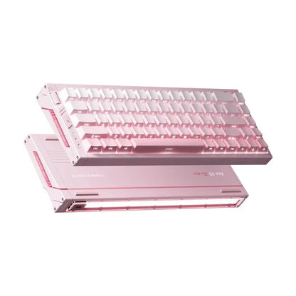 Pink aluminum esports gaming keyboard with white keys, showcased on a clean white background