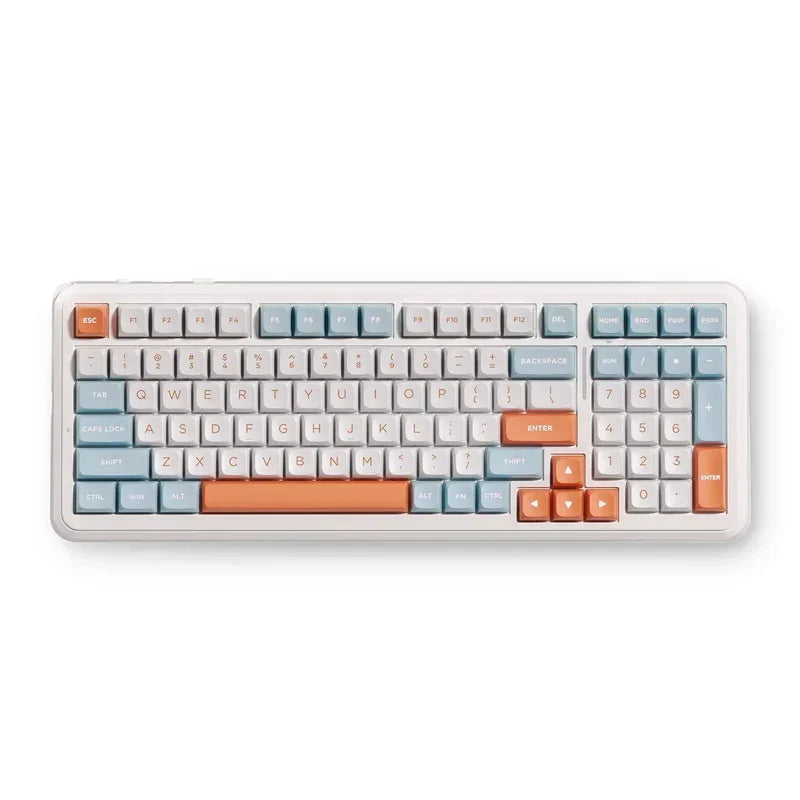 Pastel retro gaming keyboard with orange and blue keys, perfect for 8-bit style setups