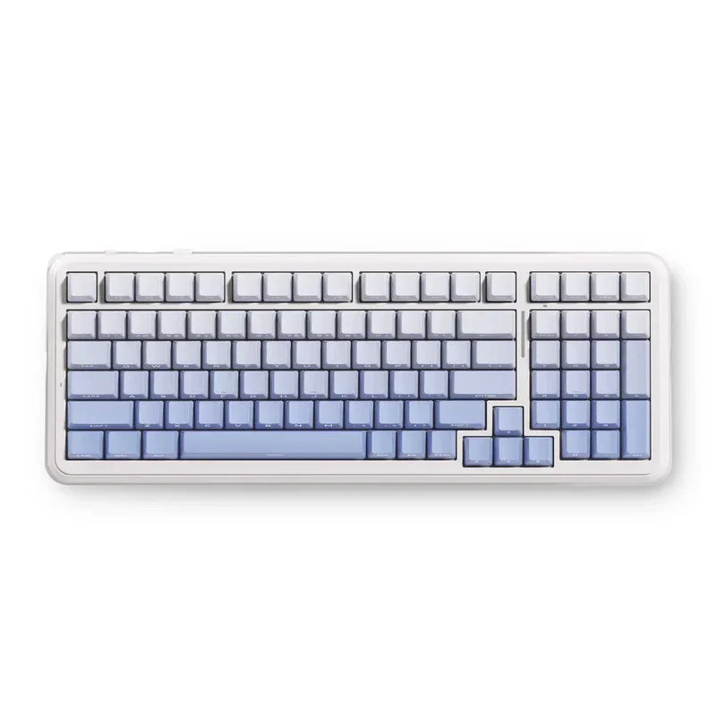 White and pastel blue mechanical gaming keyboard with retro 8-bit style keycaps