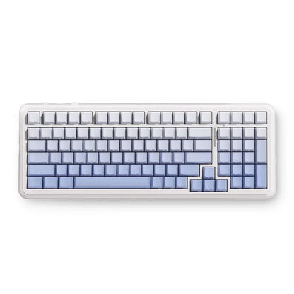 White and pastel blue mechanical gaming keyboard with retro 8-bit style keycaps
