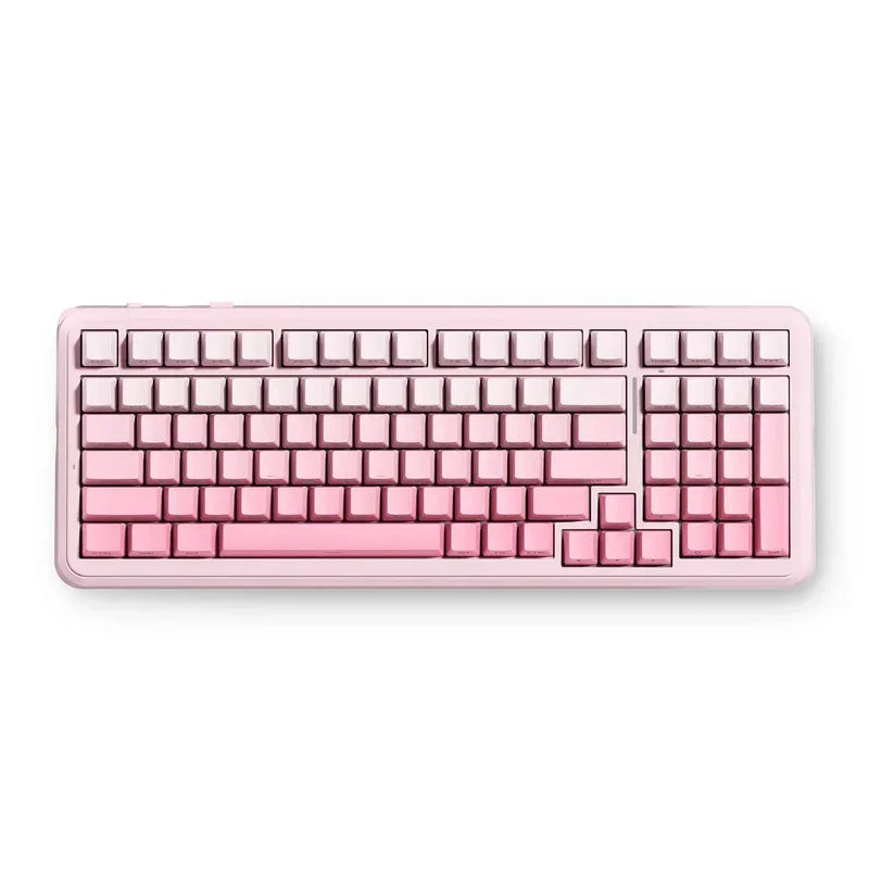 Pink mechanical gaming keyboard with gradient keycaps, perfect for retro 8-bit style setups