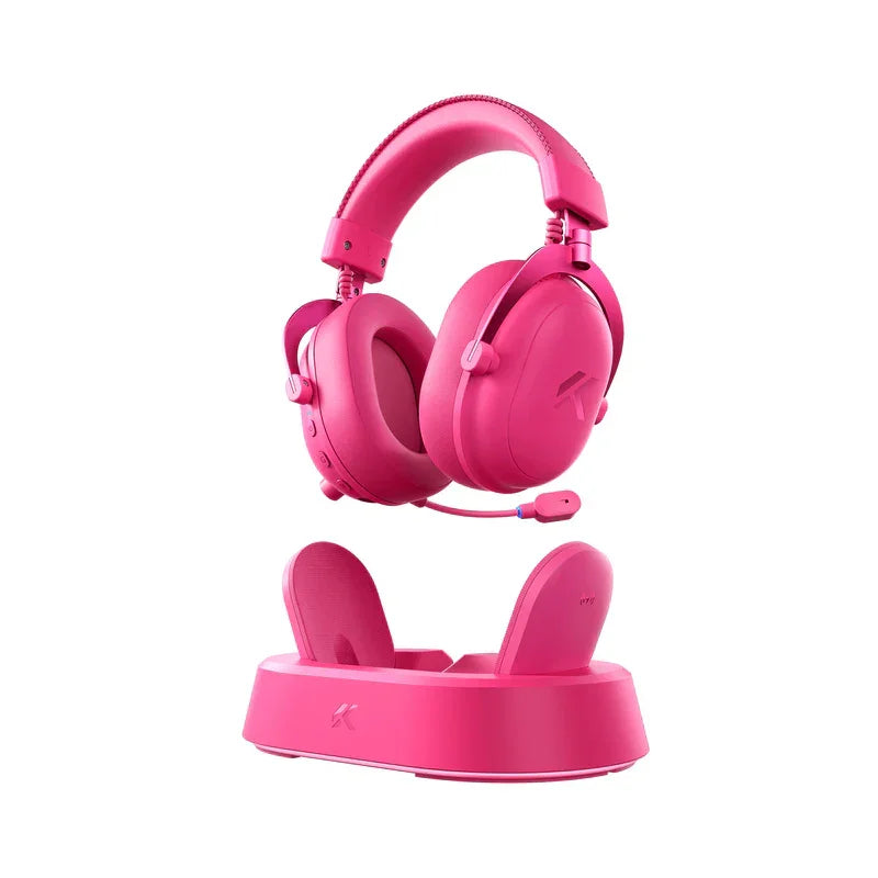 Vibrant pink gaming headset with mic and matching stand, perfect for PC or console setup