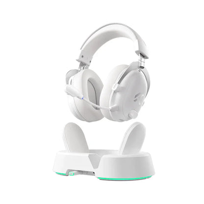 White gaming headset with RGB lighting on stand, perfect for PC gamers and streamers