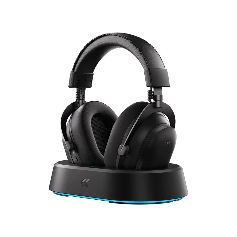 Black gaming headset with blue LED base, wireless design for PC and console gaming setups