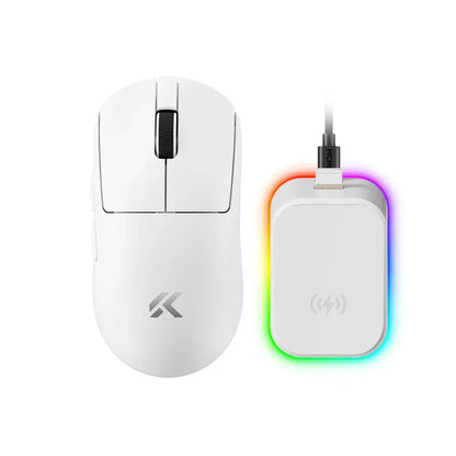 White gaming mouse with RGB wireless charger, sleek design for PC setup