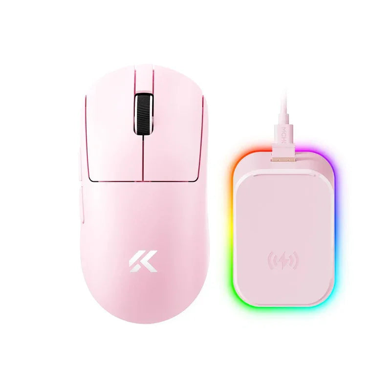 Pink wireless gaming mouse with RGB charging pad, sleek design for PC setup
