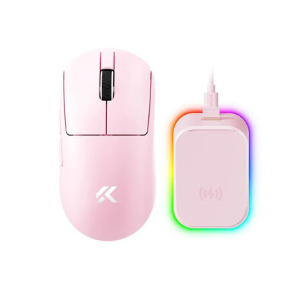 Pink wireless gaming mouse with RGB charging pad, sleek design for PC setup