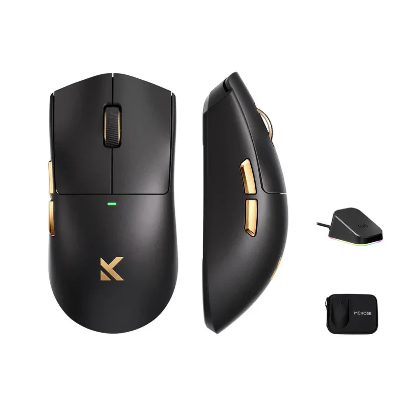Black gaming mouse with gold accents, RGB lighting, wireless dongle, and carrying case for PC setup