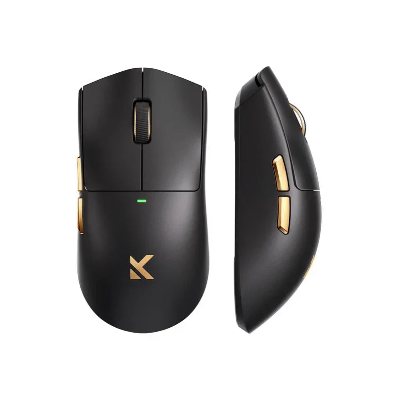 Black gaming mouse with gold accents and K logo, ergonomic design for PC gamers
