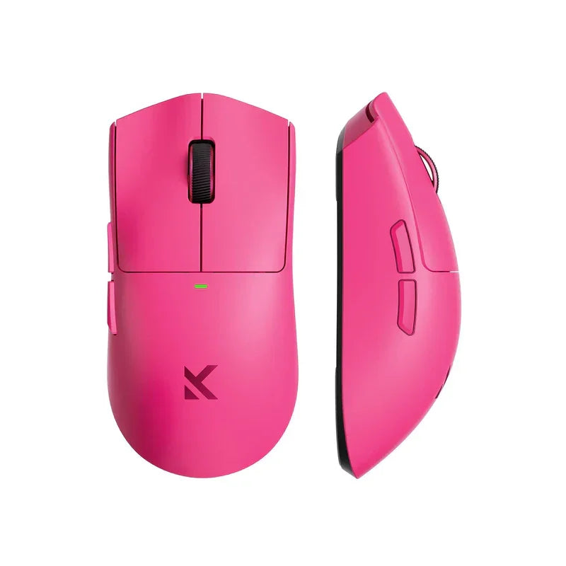 Vibrant pink gaming mouse with ergonomic design, side buttons, and glowing logo for PC setup
