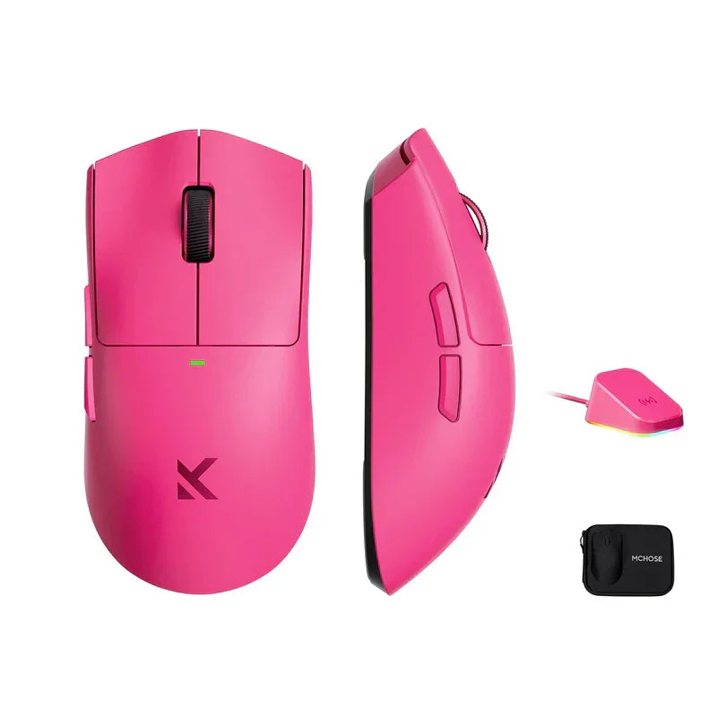 Vibrant pink gaming mouse with RGB lighting, side view, and accessories for PC setup