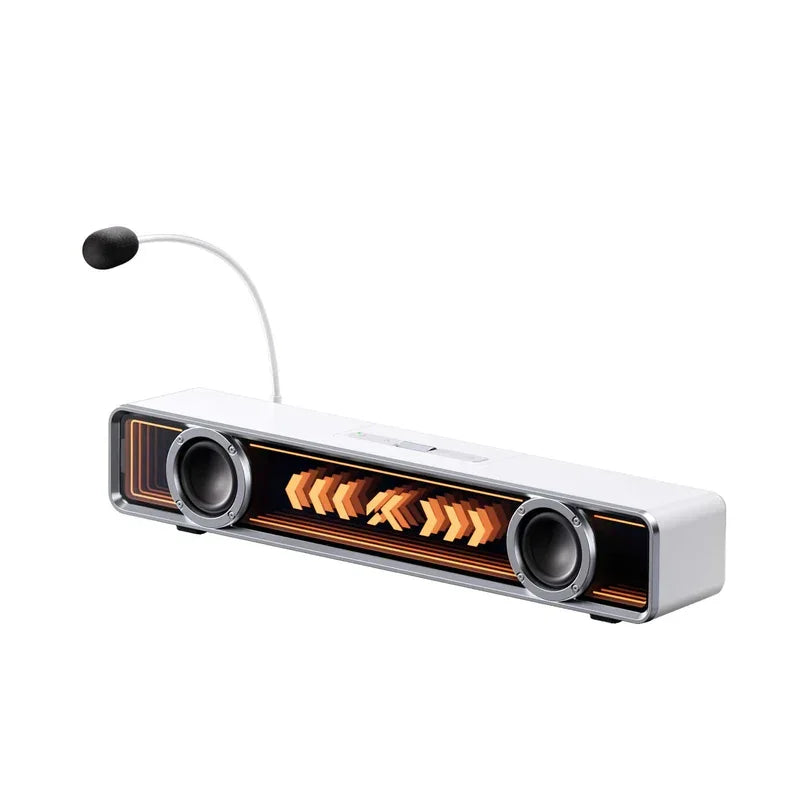 Retro 8-bit gaming speaker with orange LED arrows and flexible mic for PC setups
