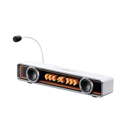 Retro 8-bit gaming speaker with orange LED arrows and flexible mic for PC setups