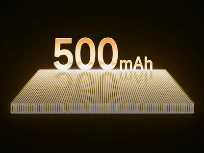 500mAh battery capacity displayed on glowing golden platform, highlighting power for gaming gear