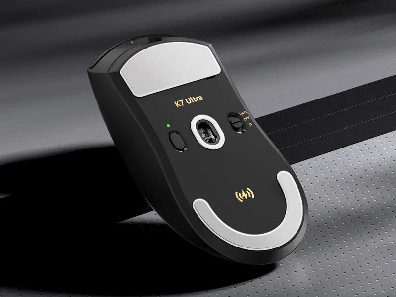 K7 Ultra wireless gaming mouse with 2.4G connectivity, sleek black and silver design for PC gamers