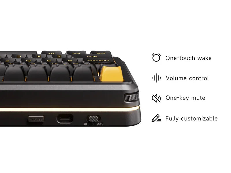 Black gaming keyboard with yellow accent key, one-touch wake, volume control, mute, and customizable features
