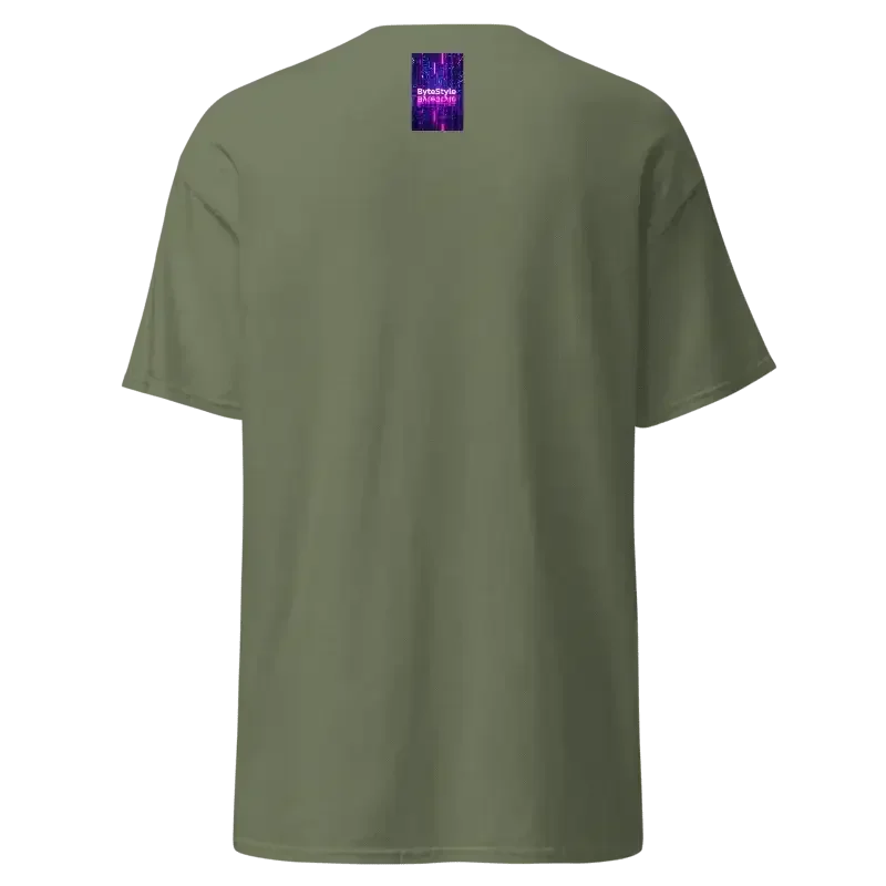 Olive green t-shirt back view with small purple digital graphic near neckline